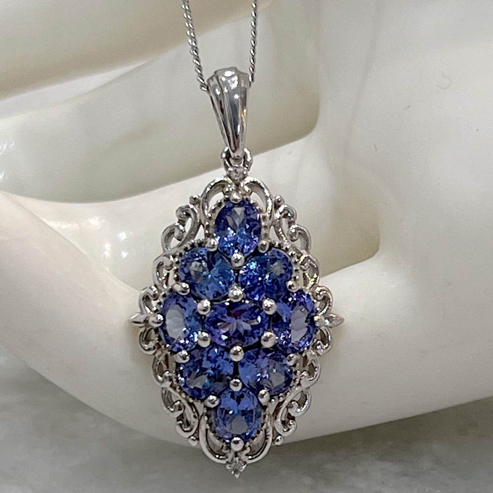 Premium AAA Tanzanite Cambodian Zircon Sterling Silver Cluster Pendant Necklace